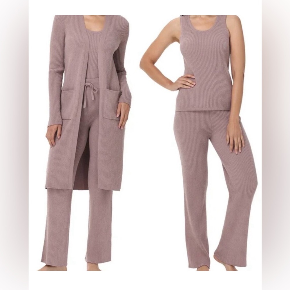 525 Lounge Set Womens XXL Mauve/Pink 3 Piece Cozy Ribbed Cardigan Tank Pants